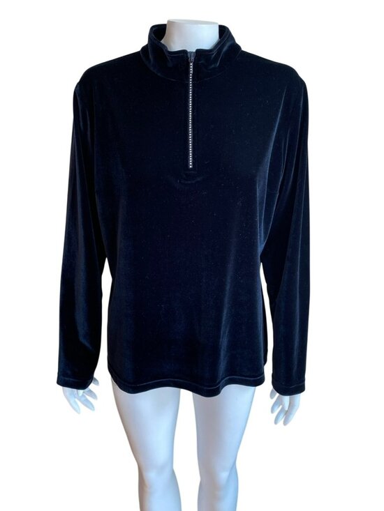 St John Sport Sweaters - St John Sport Black Velour Quarter Zip Shirt Top Long Sleeve Rhinestone Large